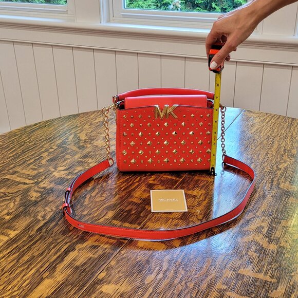 NWOT Michael Kors Gold Studded Crossbody Bag. Red. Gold Chain. Removable Strap. - Picture 11 of 16